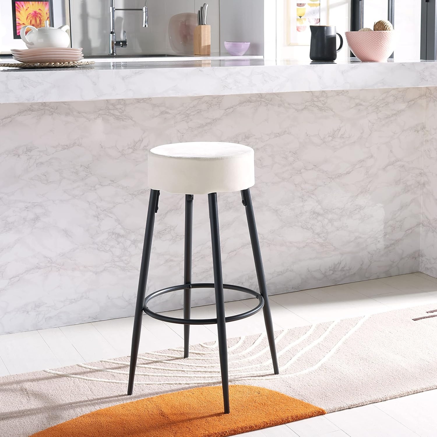 image:imageSAFAVIEH Home Collection Bohden Navy VelvetBlack 24inch Round Kitchen Breakfast Nook Island Dining Pub Bar StoolIvory Black