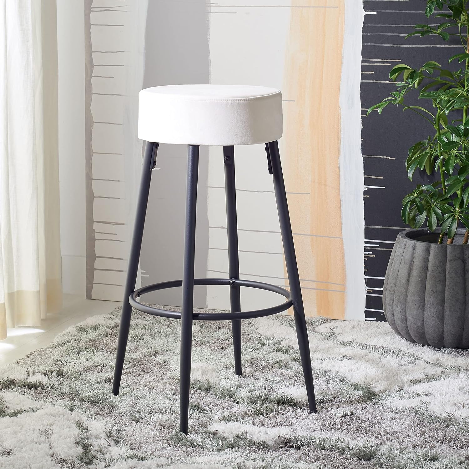 image:imageSAFAVIEH Home Collection Bohden Navy VelvetBlack 24inch Round Kitchen Breakfast Nook Island Dining Pub Bar StoolIvory Black
