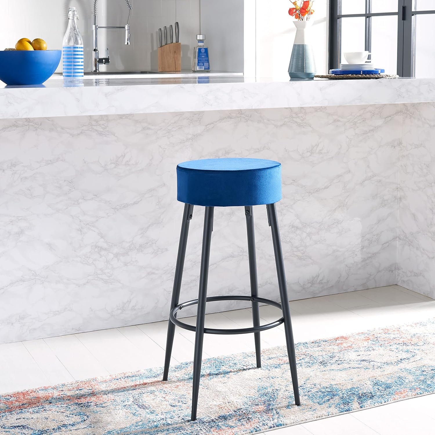 image:imageSAFAVIEH Home Collection Bohden Navy VelvetBlack 24inch Round Kitchen Breakfast Nook Island Dining Pub Bar StoolNavy Black
