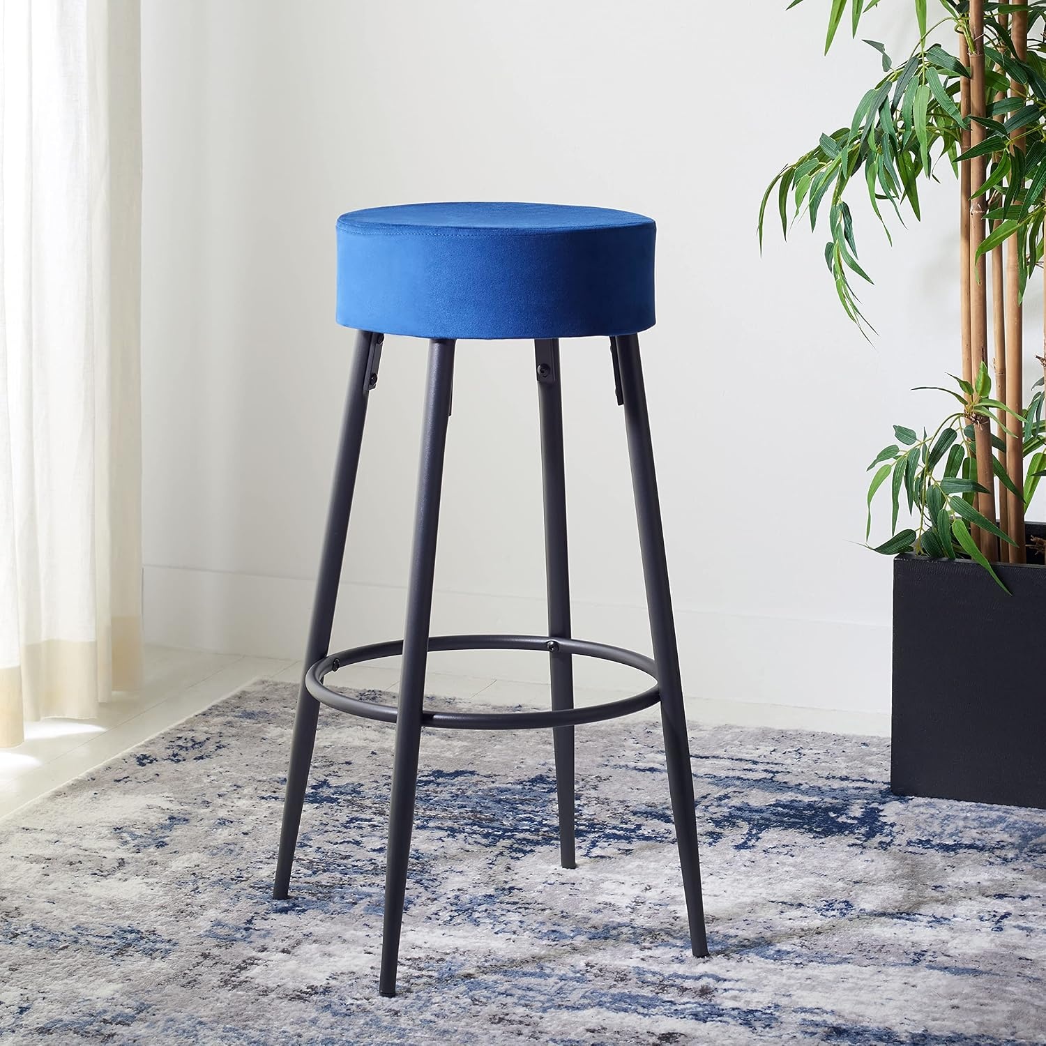 image:imageSAFAVIEH Home Collection Bohden Navy VelvetBlack 24inch Round Kitchen Breakfast Nook Island Dining Pub Bar StoolNavy Black