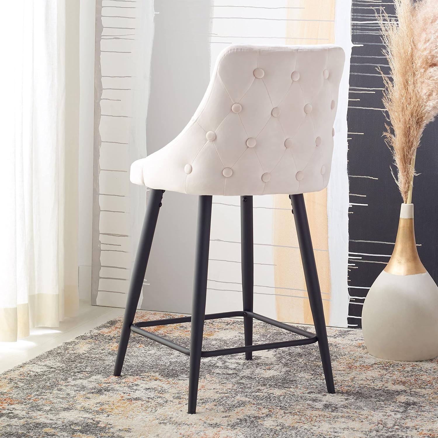 image:imageSAFAVIEH Home Collection Kelsey Shale VelvetBlack 24inch Kitchen Breakfast Nook Island Dining Pub Counter StoolBeige Black