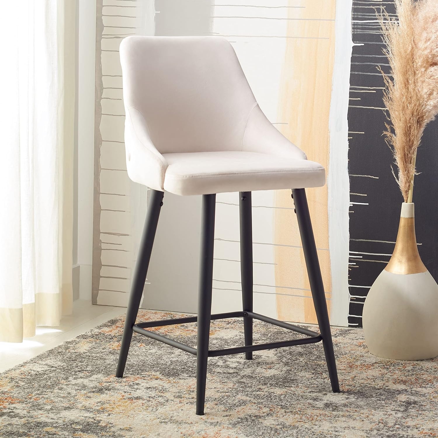 image:imageSAFAVIEH Home Collection Kelsey Shale VelvetBlack 24inch Kitchen Breakfast Nook Island Dining Pub Counter StoolBeige Black