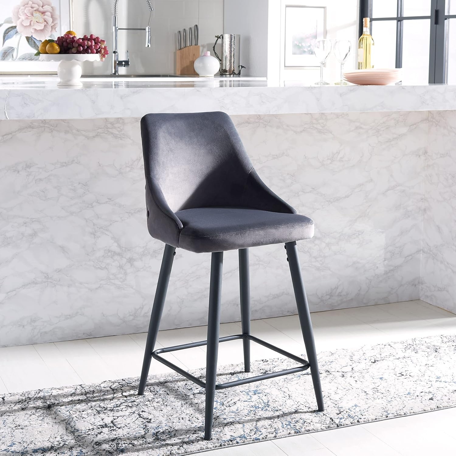 image:imageSAFAVIEH Home Collection Kelsey Shale VelvetBlack 24inch Kitchen Breakfast Nook Island Dining Pub Counter StoolShale Black