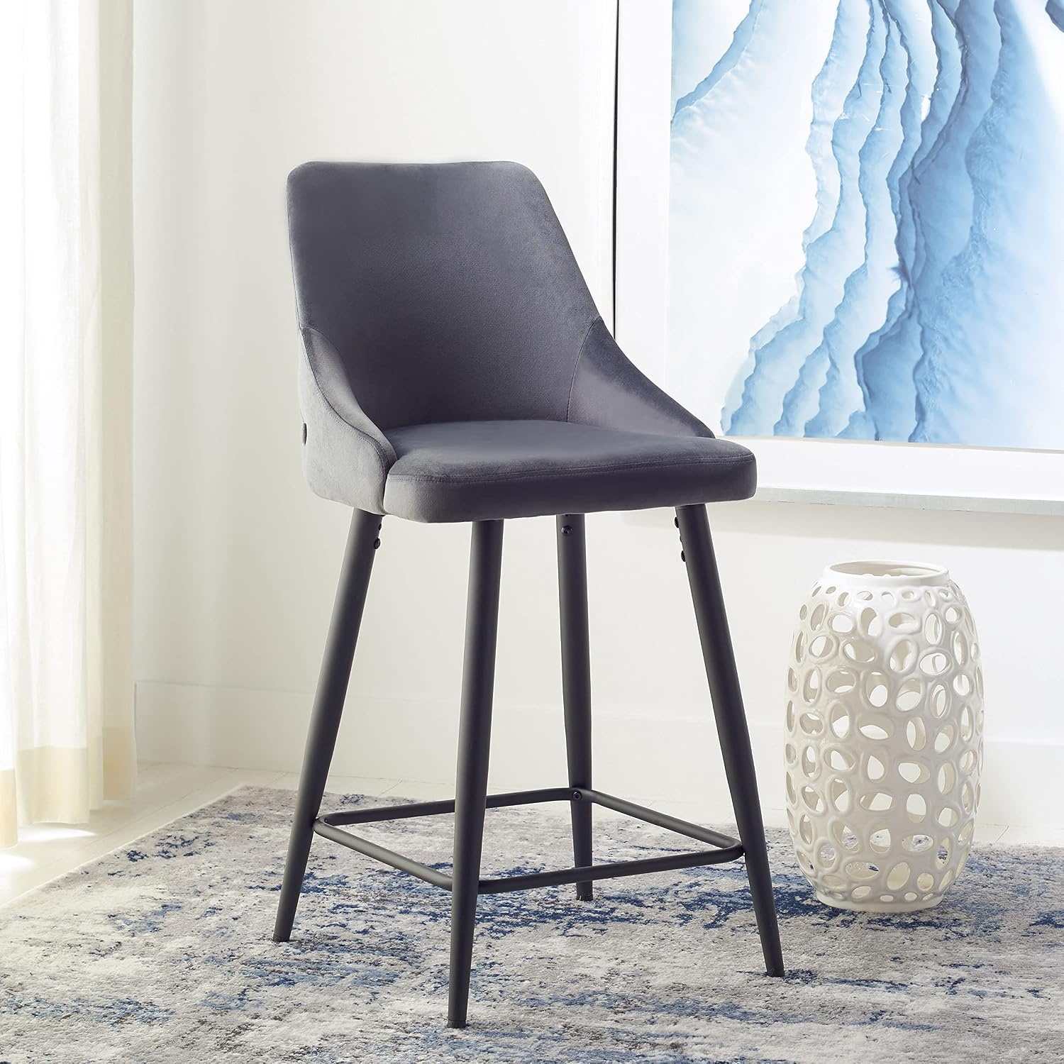 image:imageSAFAVIEH Home Collection Kelsey Shale VelvetBlack 24inch Kitchen Breakfast Nook Island Dining Pub Counter StoolShale Black