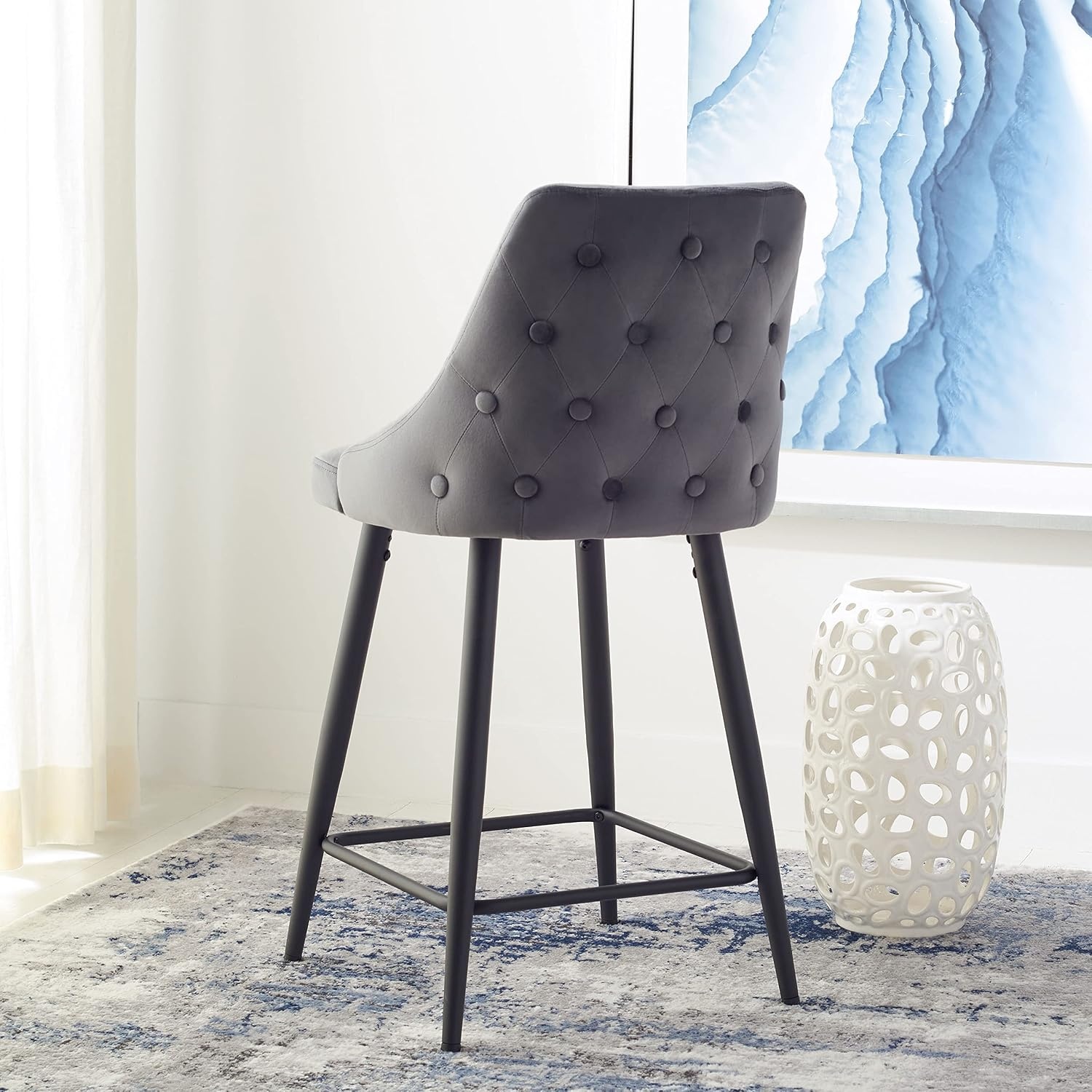 image:imageSAFAVIEH Home Collection Kelsey Shale VelvetBlack 24inch Kitchen Breakfast Nook Island Dining Pub Counter StoolShale Black