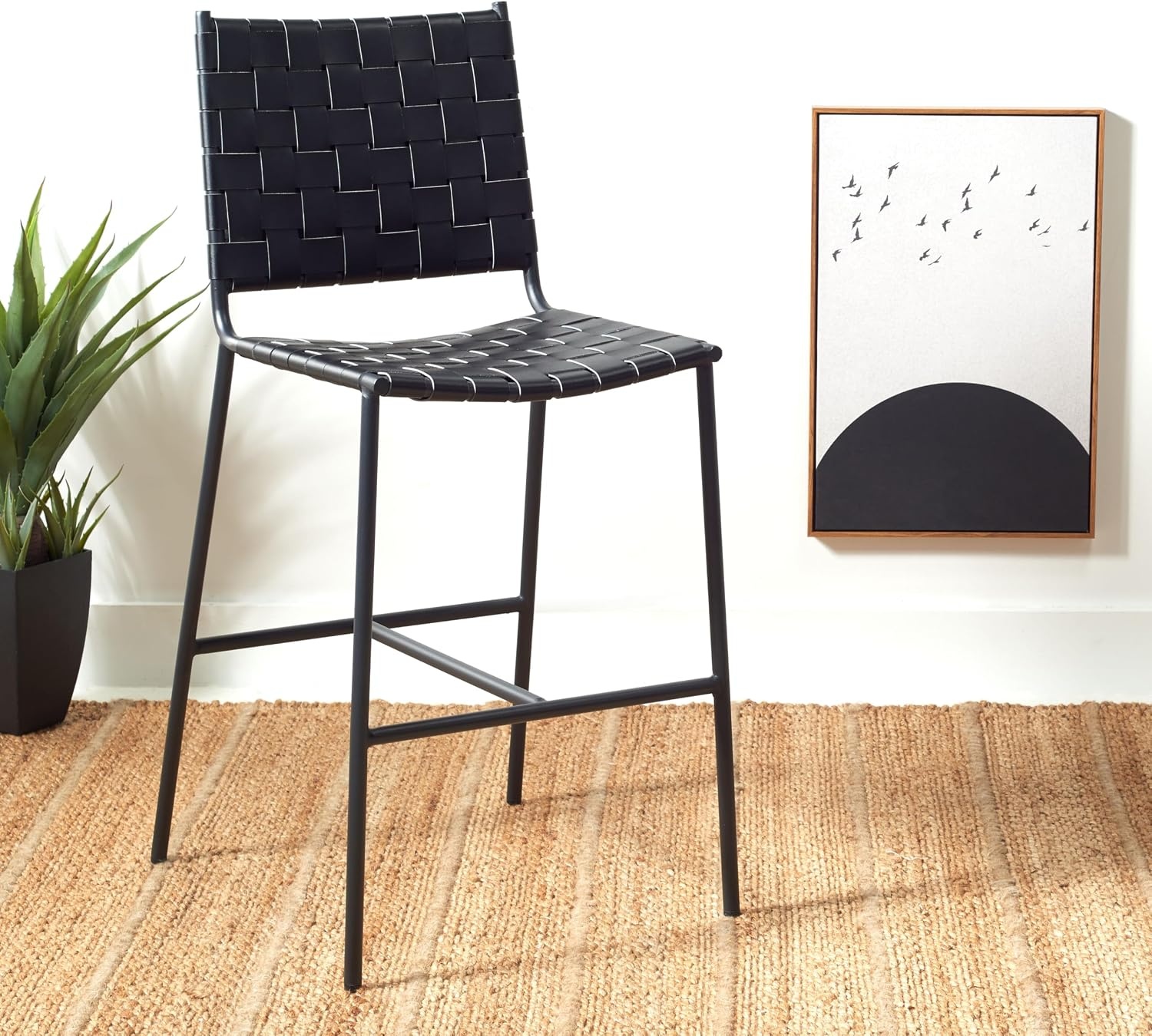 image:imageSAFAVIEH Home Collection Olenna Cognac Woven LeatherSilver 26inch Kitchen Island Breakfast Nook Counter Stool Fully AssembledBlack