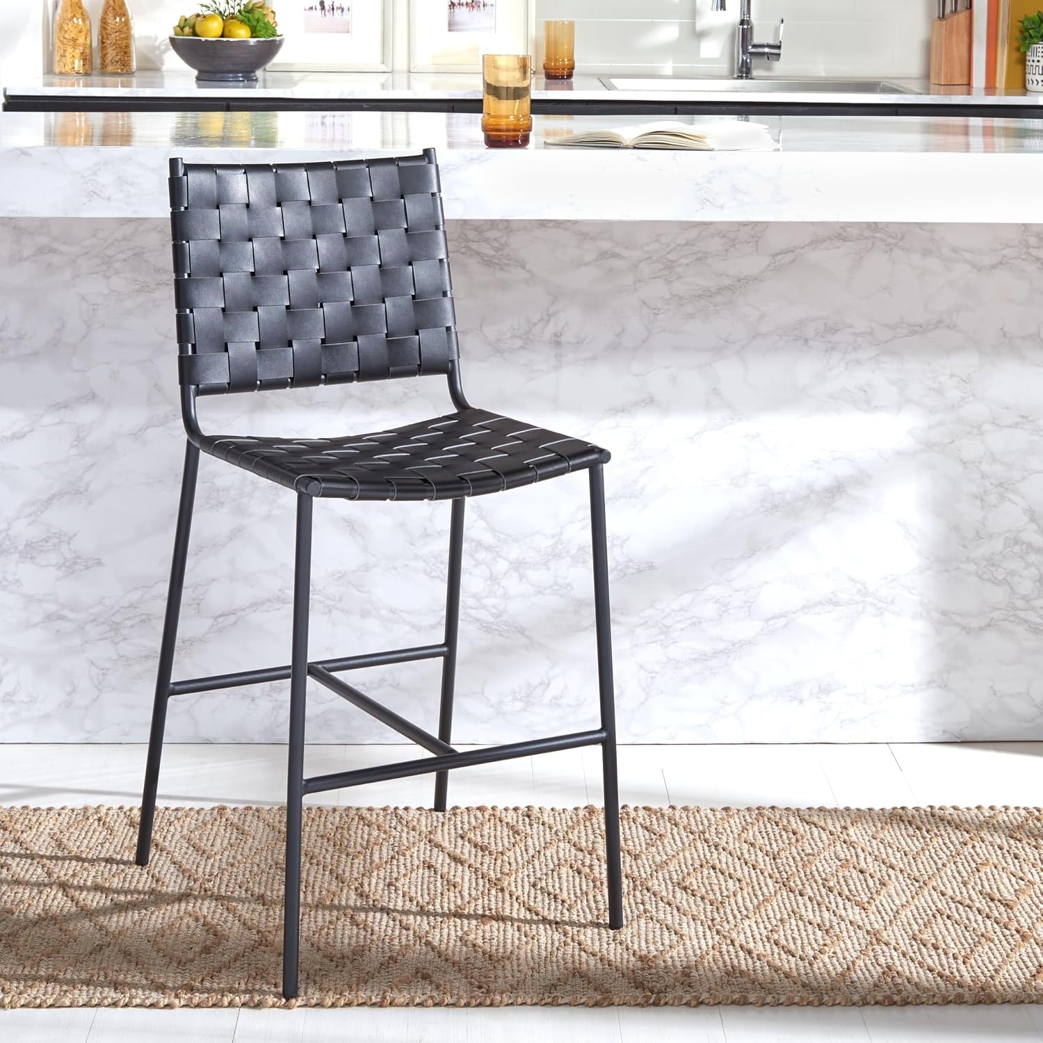 image:imageSAFAVIEH Home Collection Olenna Cognac Woven LeatherSilver 26inch Kitchen Island Breakfast Nook Counter Stool Fully AssembledBlack