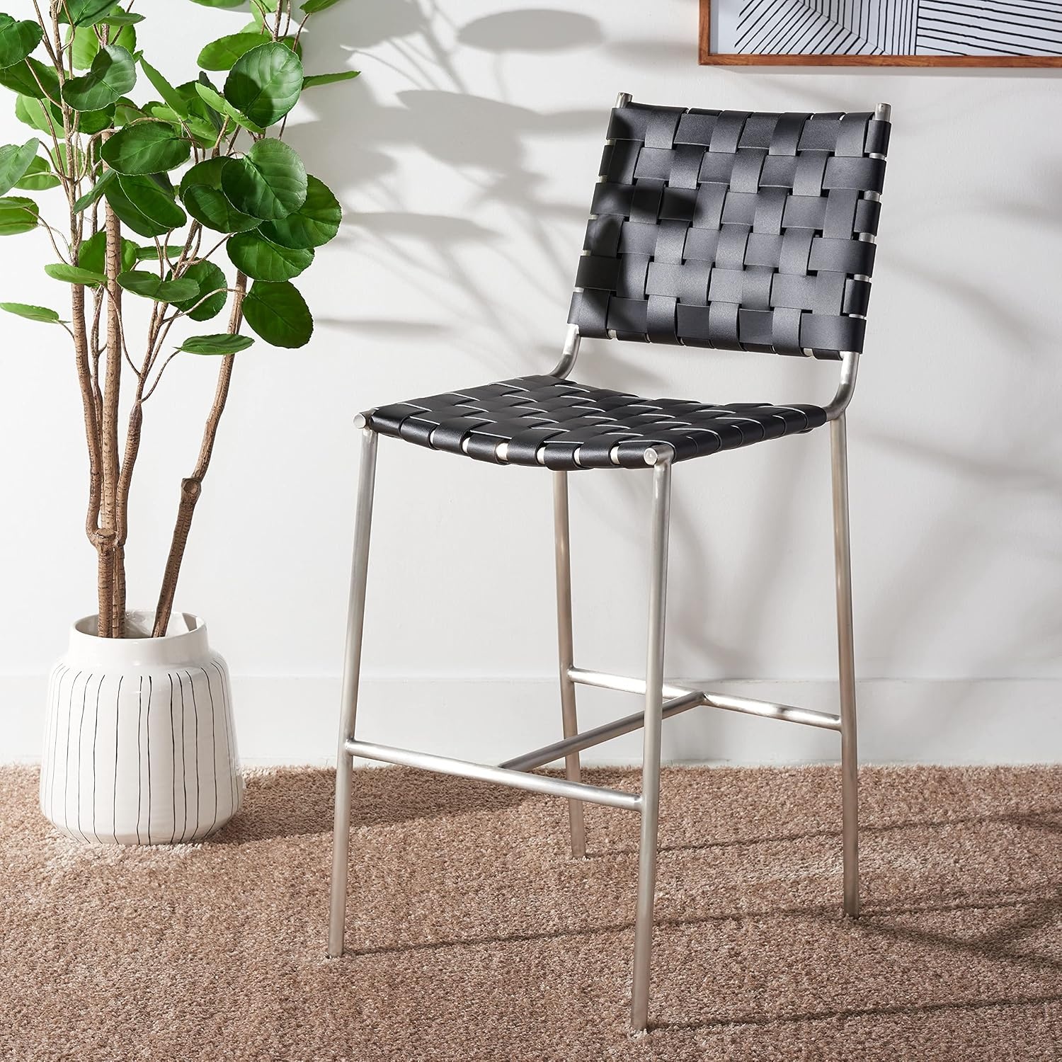 image:imageSAFAVIEH Home Collection Olenna Cognac Woven LeatherSilver 26inch Kitchen Island Breakfast Nook Counter Stool Fully AssembledBlackSilver
