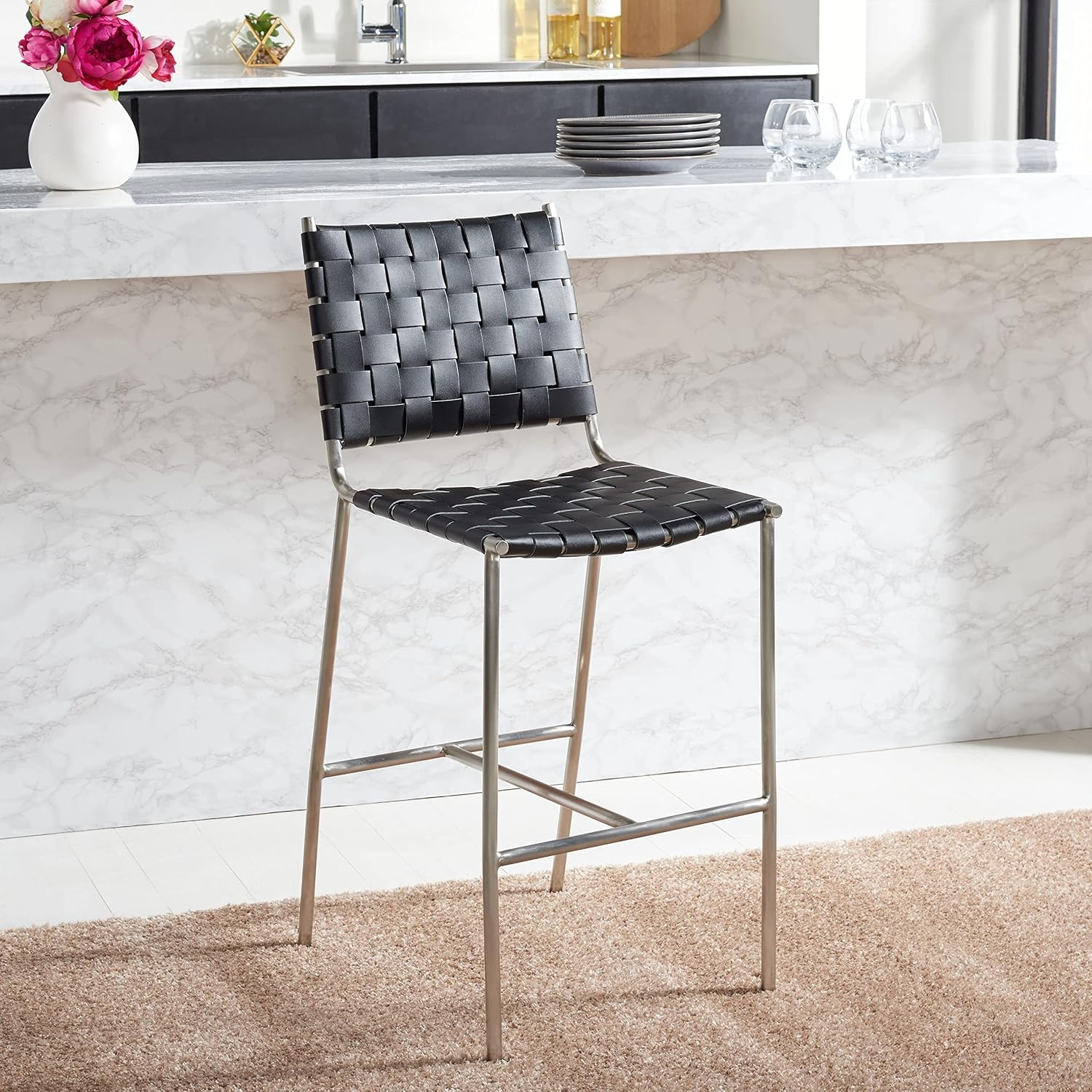 image:imageSAFAVIEH Home Collection Olenna Cognac Woven LeatherSilver 26inch Kitchen Island Breakfast Nook Counter Stool Fully AssembledBlackSilver