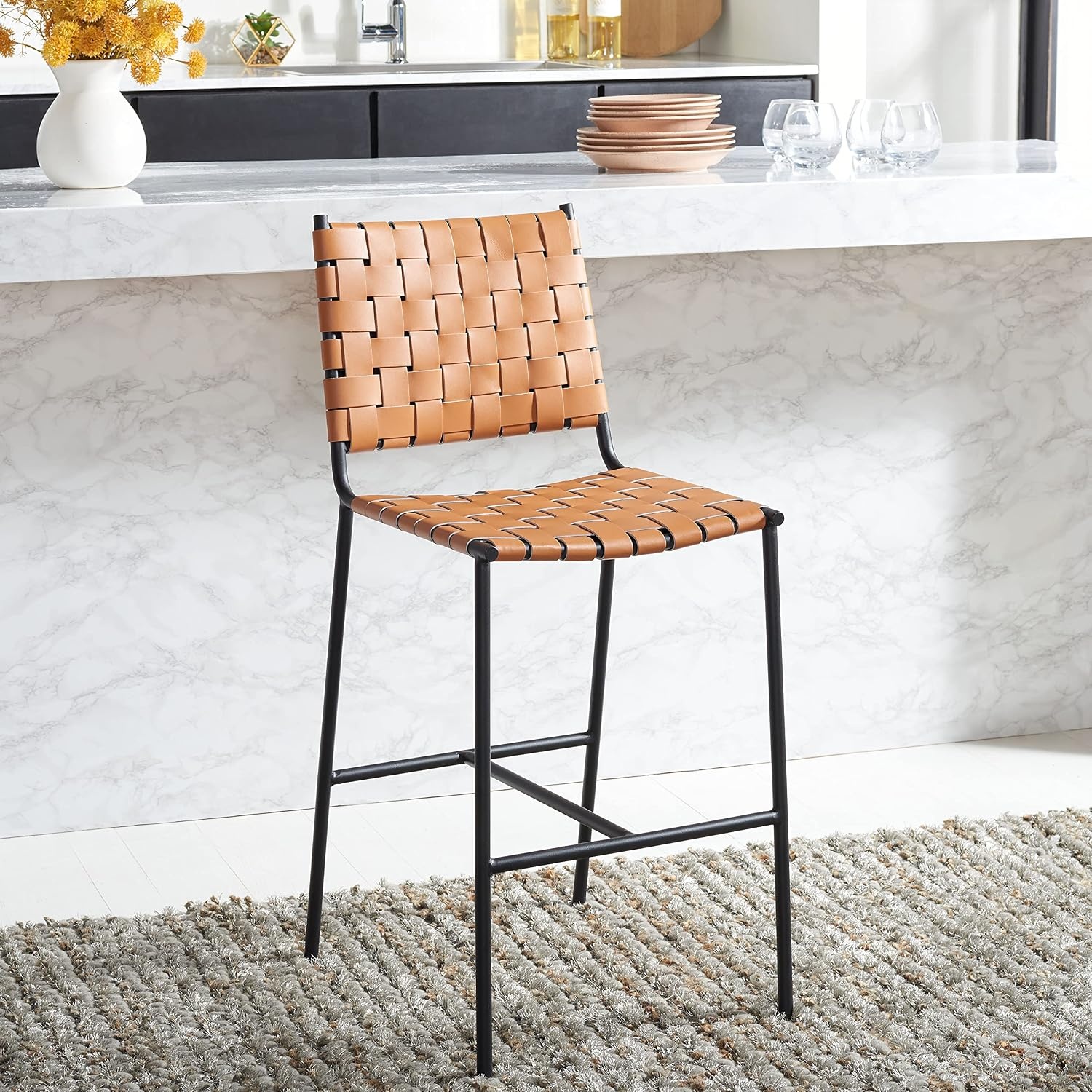 image:imageSAFAVIEH Home Collection Olenna Cognac Woven LeatherSilver 26inch Kitchen Island Breakfast Nook Counter Stool Fully AssembledCognacBlack