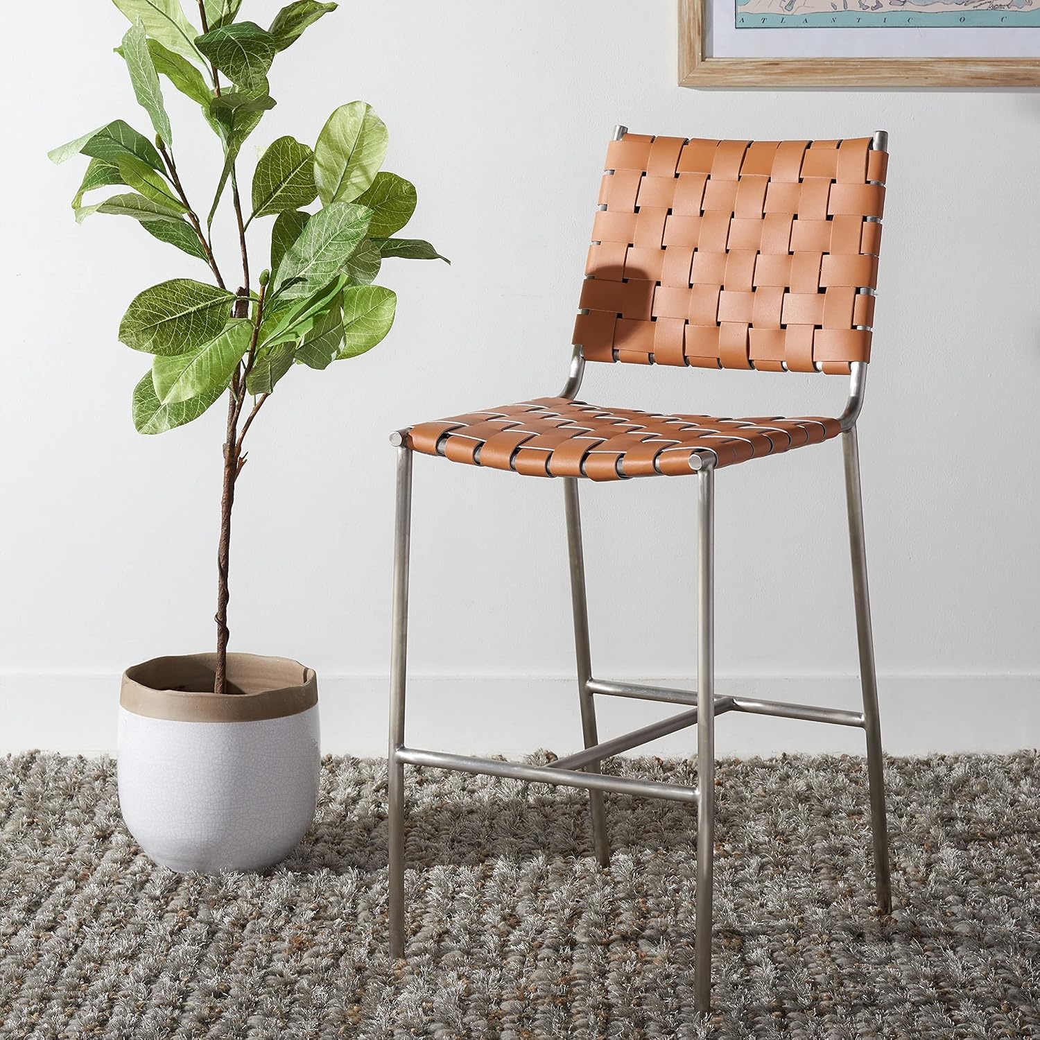 image:imageSAFAVIEH Home Collection Olenna Cognac Woven LeatherSilver 26inch Kitchen Island Breakfast Nook Counter Stool Fully AssembledCognacSilver