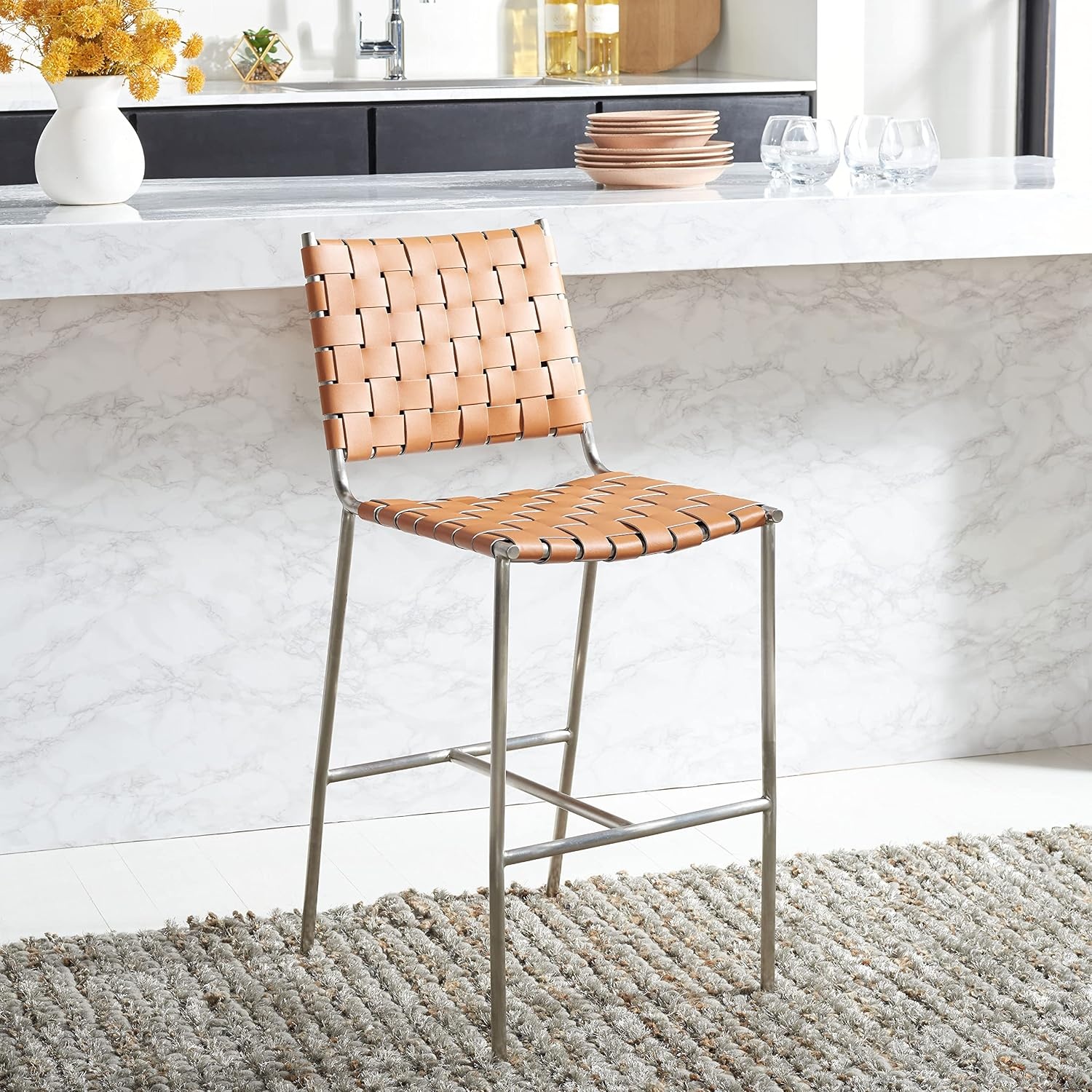 image:imageSAFAVIEH Home Collection Olenna Cognac Woven LeatherSilver 26inch Kitchen Island Breakfast Nook Counter Stool Fully AssembledCognacSilver