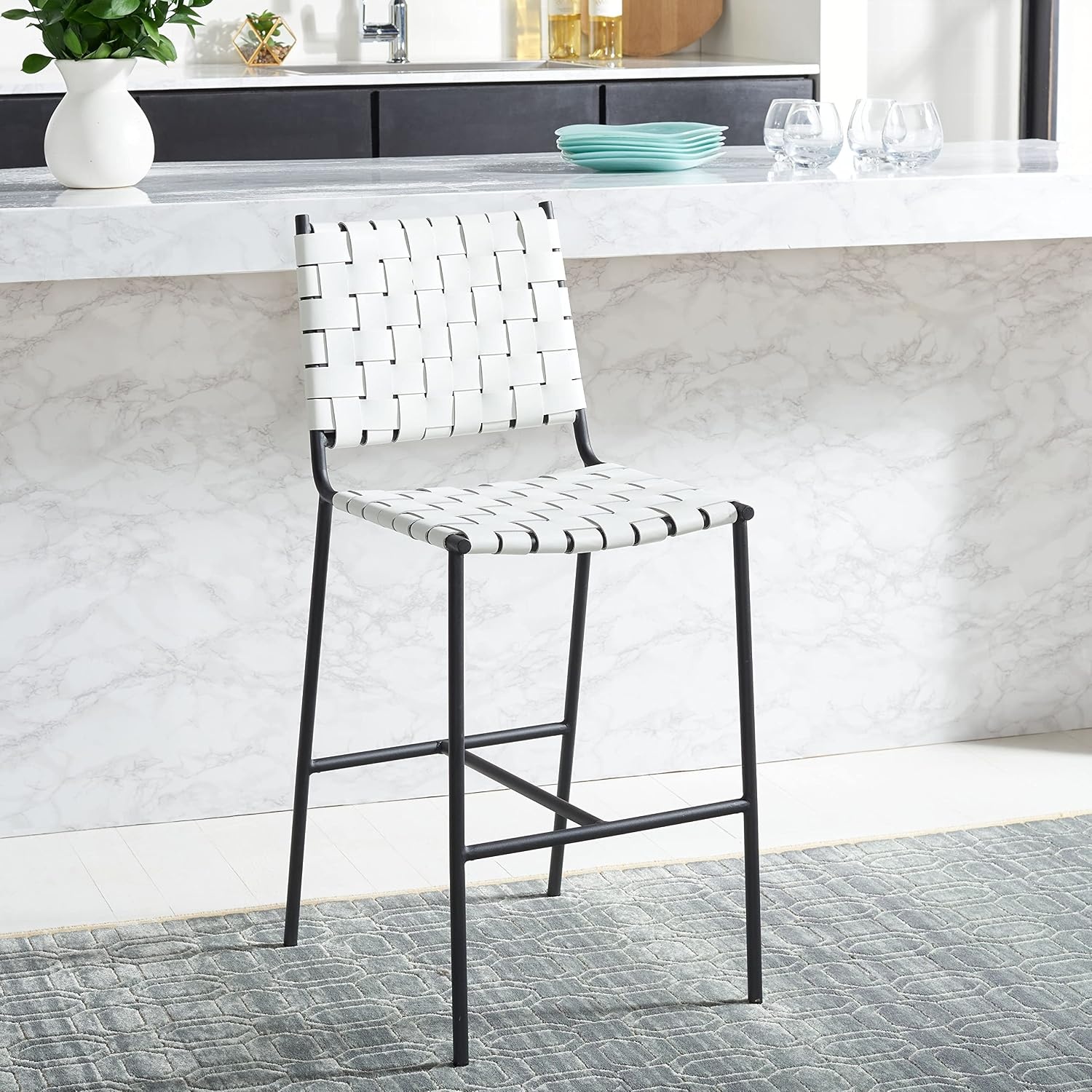 image:imageSAFAVIEH Home Collection Olenna Cognac Woven LeatherSilver 26inch Kitchen Island Breakfast Nook Counter Stool Fully AssembledWhiteBlack