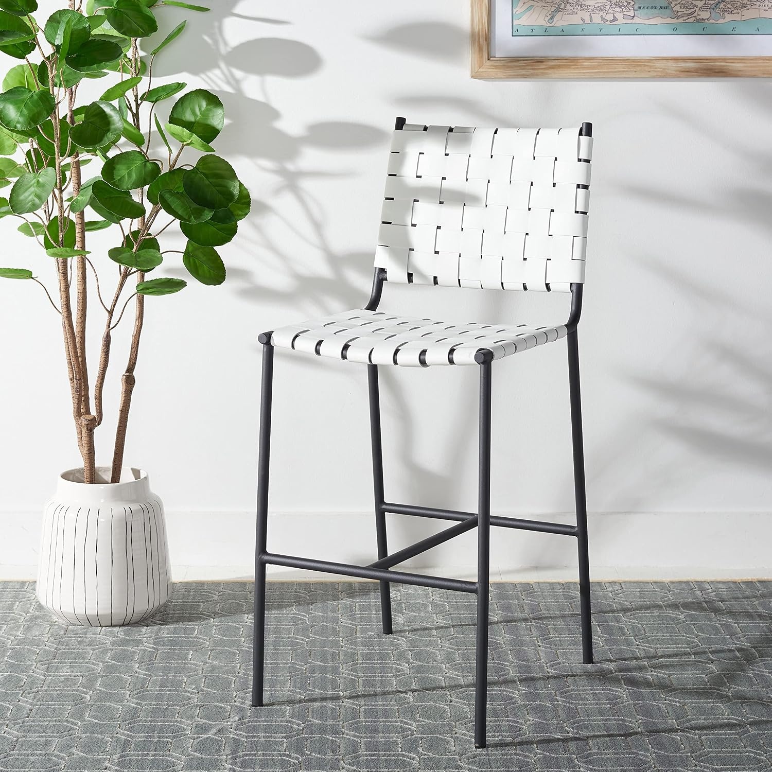 image:imageSAFAVIEH Home Collection Olenna Cognac Woven LeatherSilver 26inch Kitchen Island Breakfast Nook Counter Stool Fully AssembledWhiteBlack