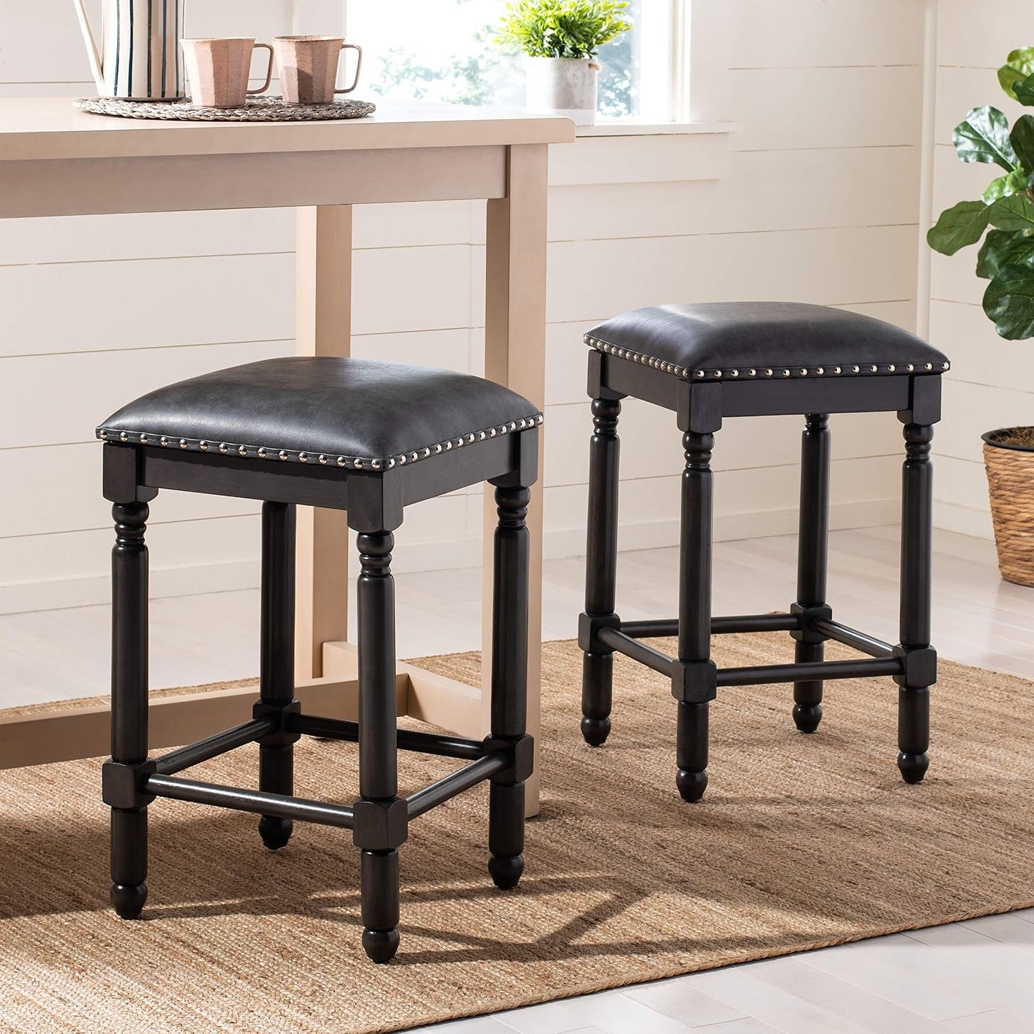 image:imageSafavieh Couture Home Collection Preston Grey Linen and Grey Walnut 25inch Counter Stool Set of 2GreyGrey Walnut With Silver Nailheads