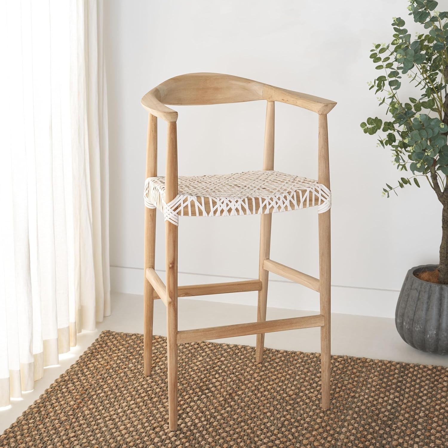 image:imageSafavieh Home Bandelier Scandinavian Brown Teak and White Leather 29inch Bar Stool