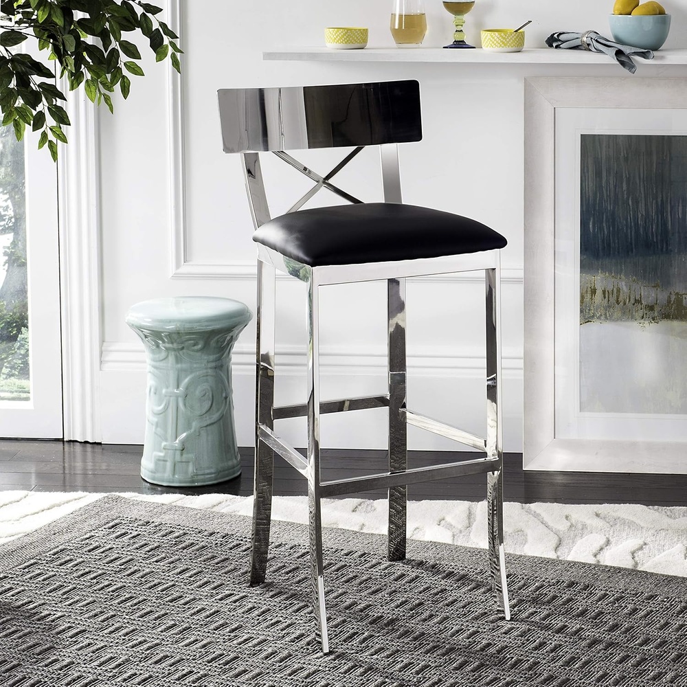 image:imageSafavieh American Homes Collection Zoey Black Stainless Steel Cross Back 39inch Bar StoolBlack