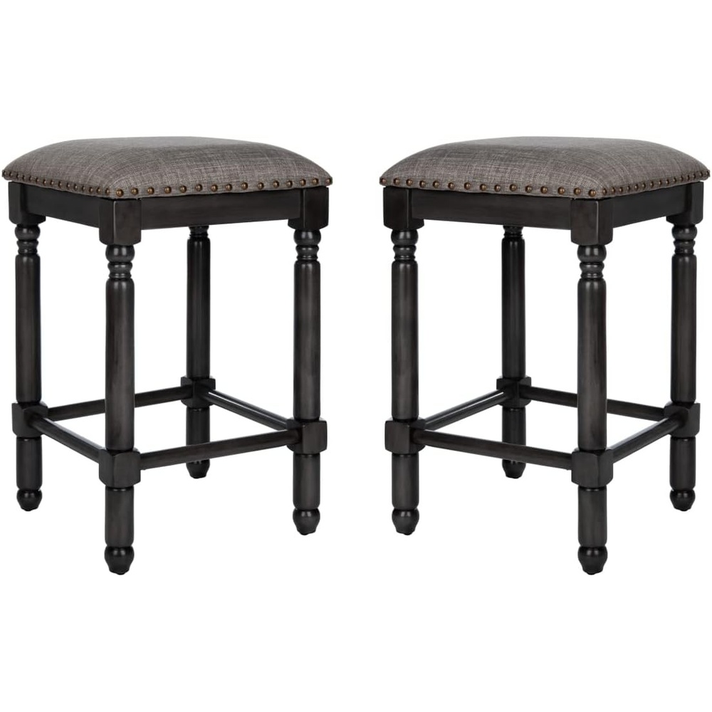image:imageSafavieh Couture Home Collection Preston Grey Linen and Grey Walnut 25inch Counter Stool Set of 2GreyGrey Walnut With Copper Nailheads