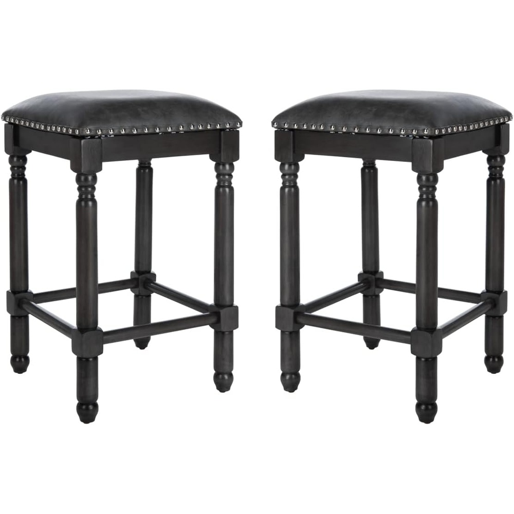 image:imageSafavieh Couture Home Collection Preston Grey Linen and Grey Walnut 25inch Counter Stool Set of 2GreyGrey Walnut With Silver Nailheads