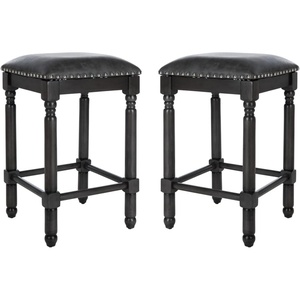 Safavieh Couture Home Collection Preston Grey Linen and Grey Walnut 25-inch Counter Stool (Set of 2)(Grey/Grey Walnut With Silver Nailheads)
