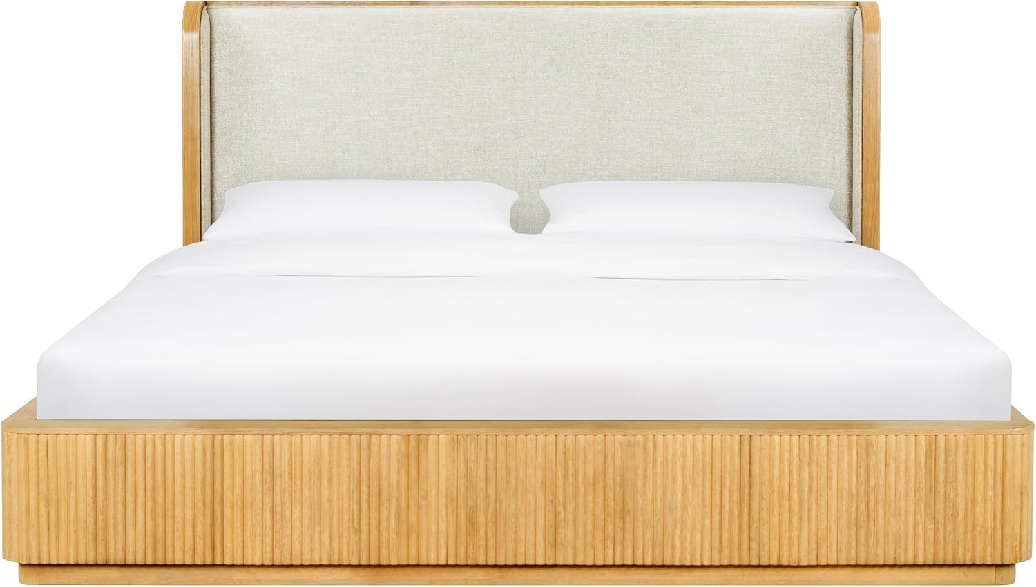 image:imageSAFAVIEH Couture Collection Barrymore Greige Oak amp Taupe Reeded Wood Upholstered Queen Bed Modern Platform Bed Frame with Textured Wood Detail SFV2227AQGreige OakTaupe