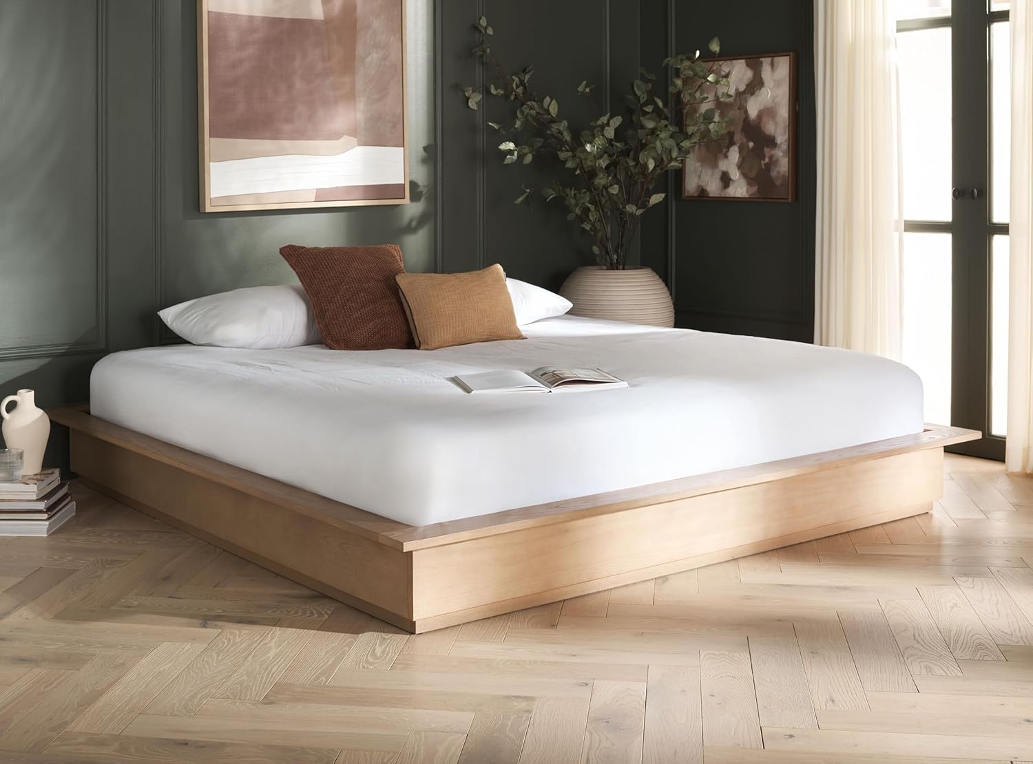 image:imageSAFAVIEH Couture Collection Celsia Natural Wood Queen Bed Frame Platform Design No Box Spring Needed BSC2002AQNatural