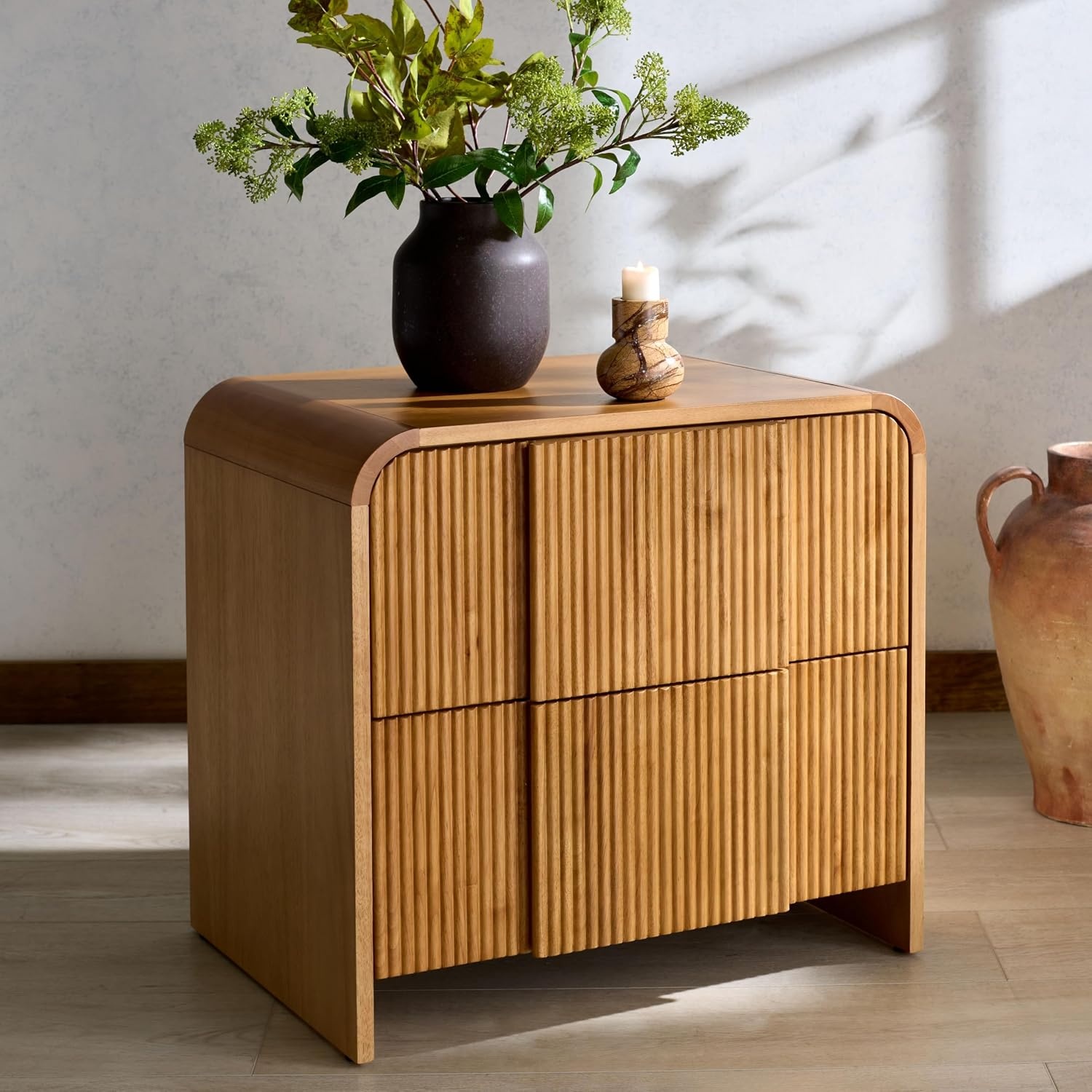 image:imageSAFAVIEH Couture Collection Vitale Natural Reeded Wood Nightstand 2 Drawers Modern Accent Bedroom Side Table Fully Assembled SFV4259ANatural