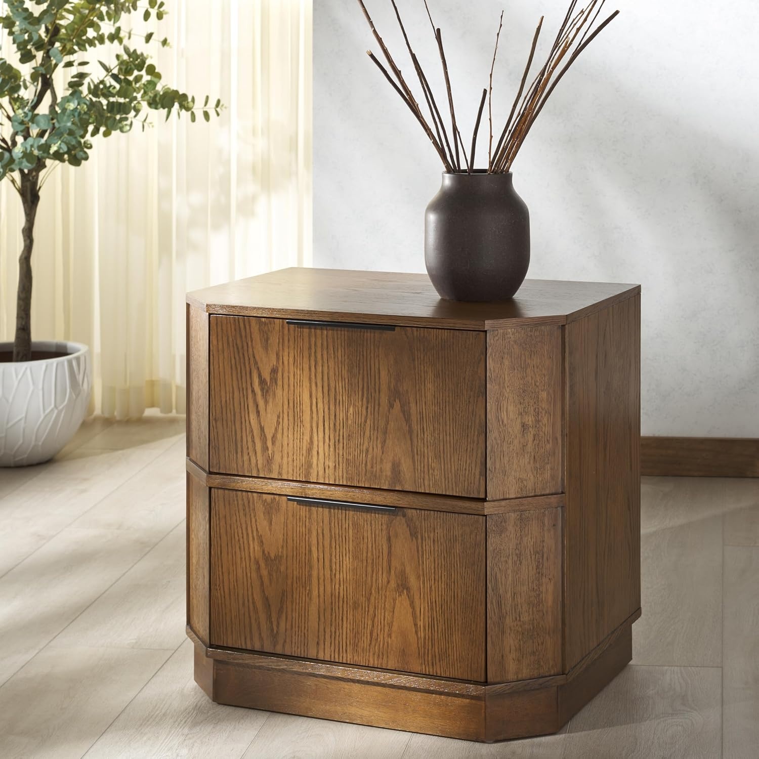 image:imageSAFAVIEH Couture Collection Aerilyn Black Curved Front 2Drawer Nightstand Fully AssembledMedium Oak