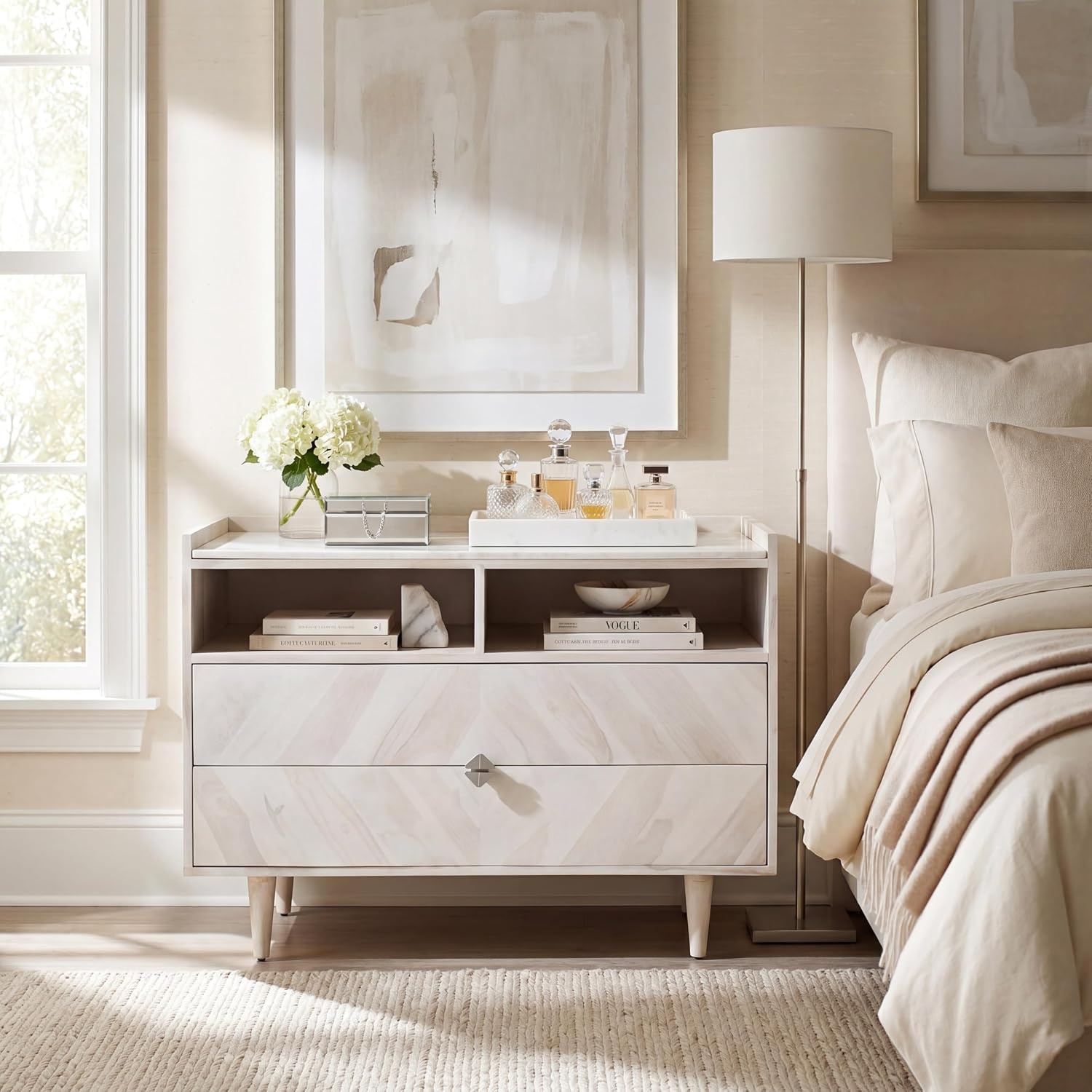 image:imageSAFAVIEH Couture Collection Cora Rose White Wash and White Marble 2Drawer NightstandWhite Washed
