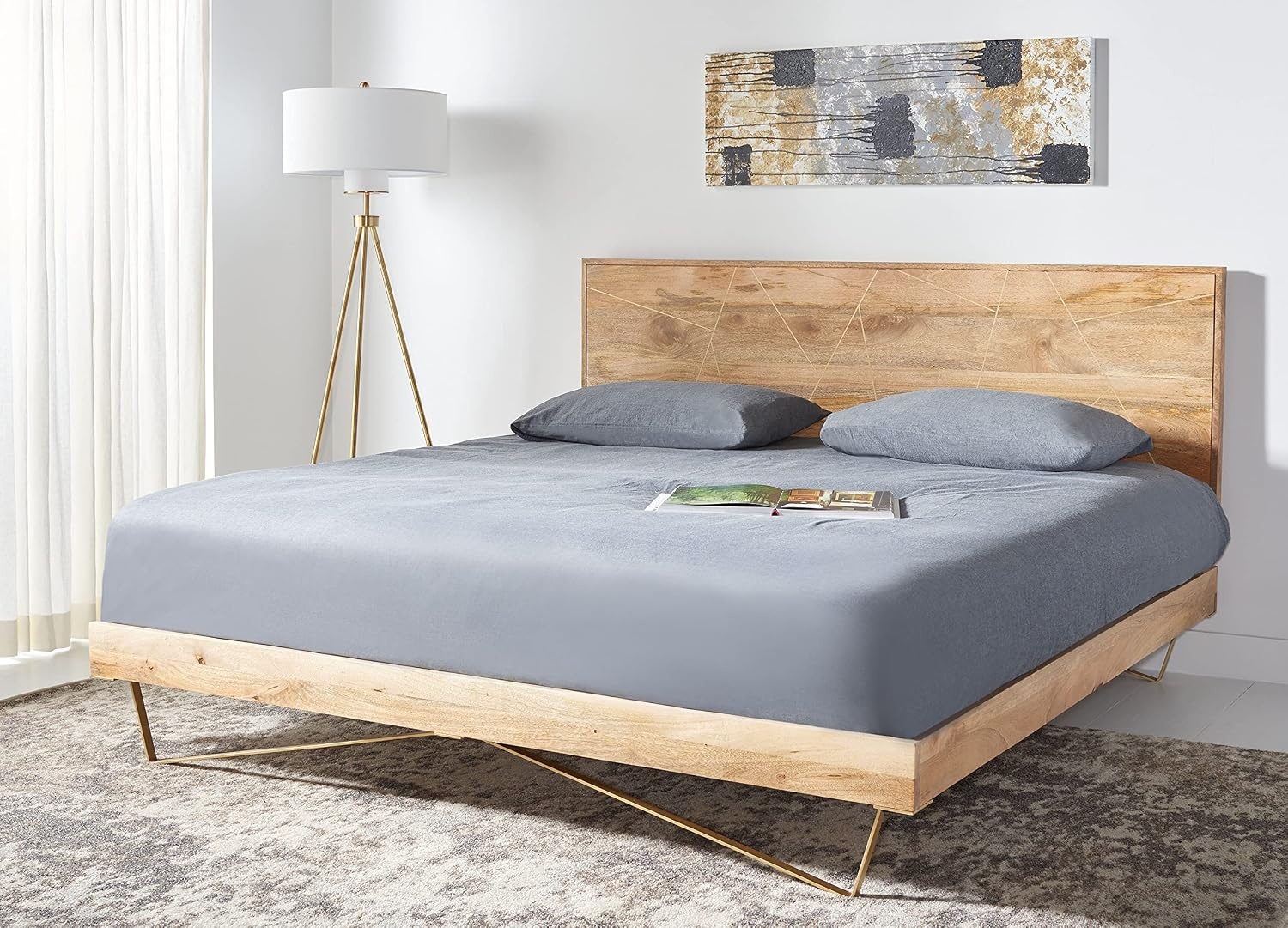 image:imageSAFAVIEH Couture Home Collection Marigold MidCentury Natural WoodBrass Hairpin Leg Queen BedNaturalBrass