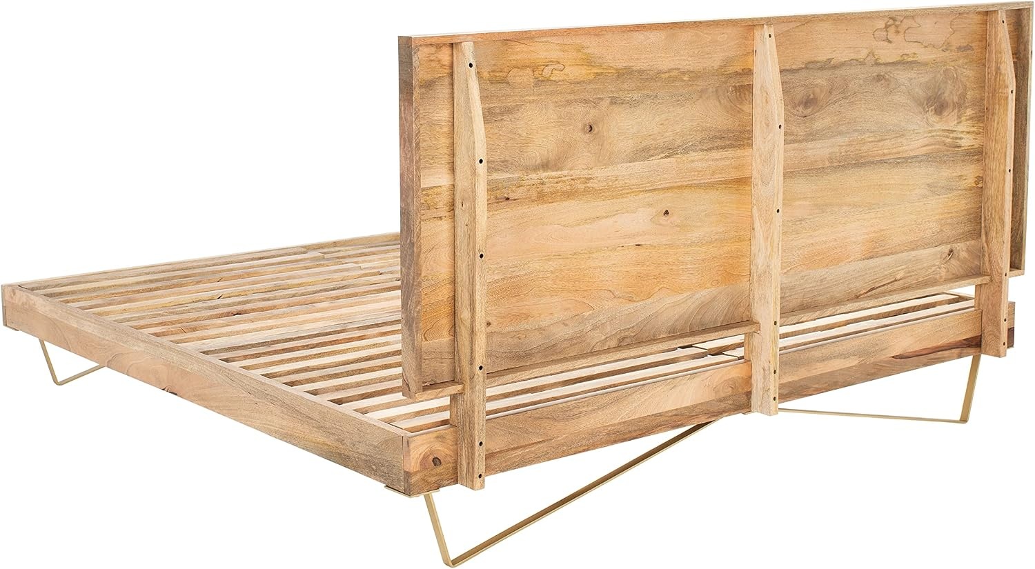 image:imageSAFAVIEH Couture Home Collection Marigold MidCentury Natural WoodBrass Hairpin Leg Queen BedNaturalBrass