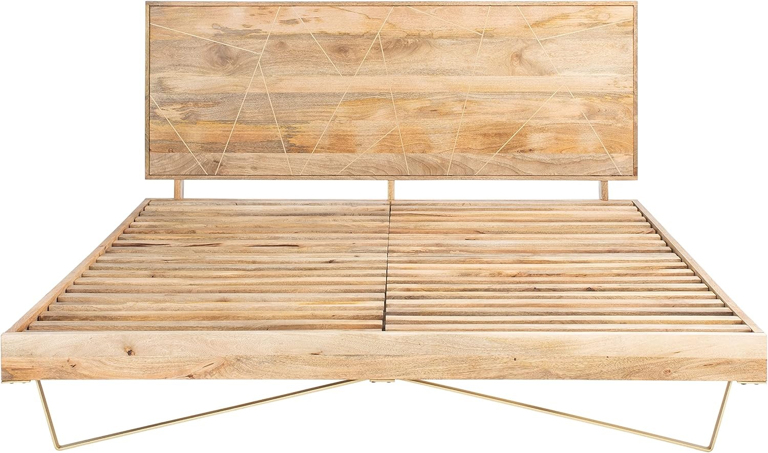 image:imageSAFAVIEH Couture Home Collection Marigold MidCentury Natural WoodBrass Hairpin Leg Queen BedNaturalBrass